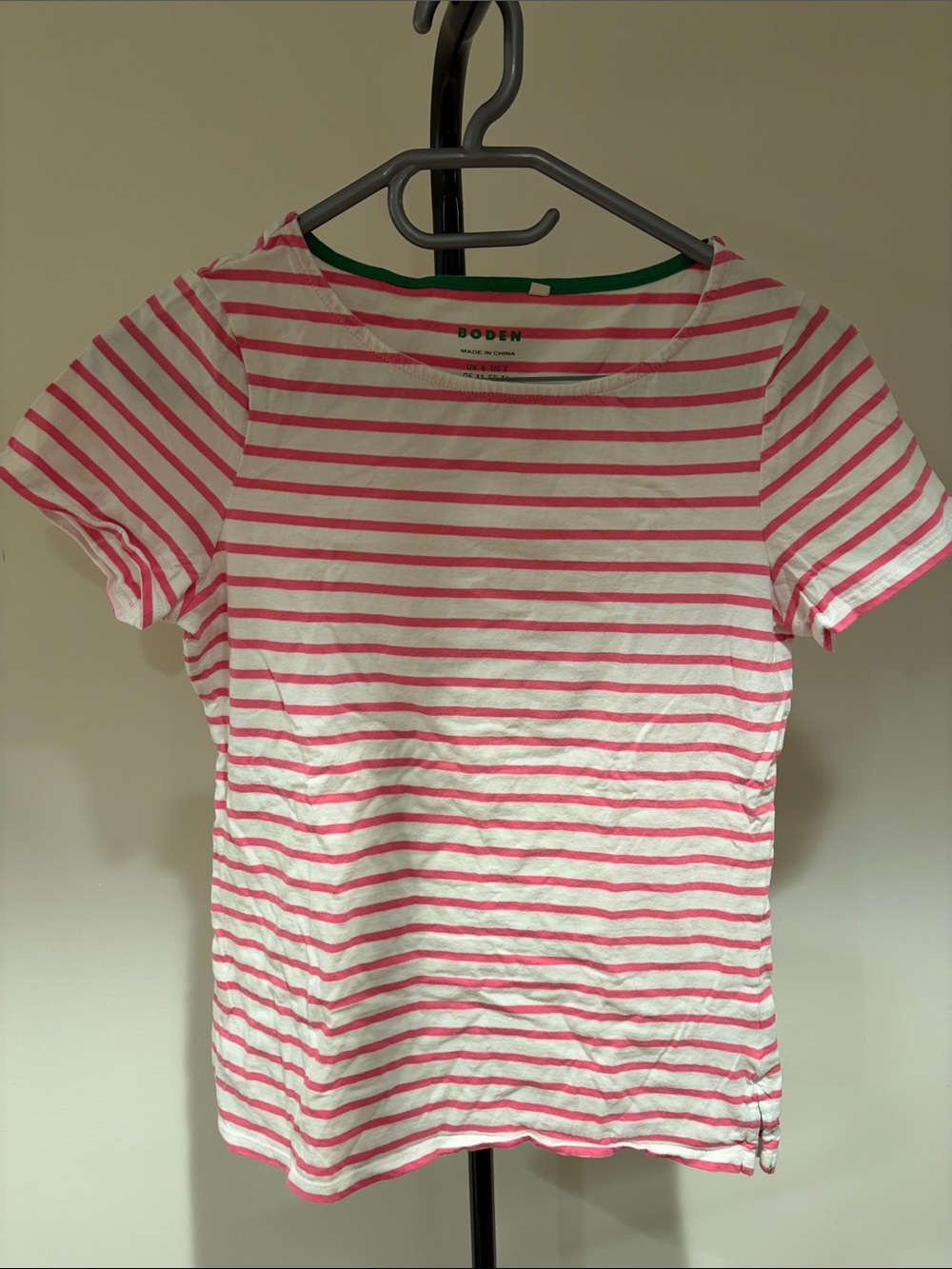 Boden Pink and White Striped Tee with Green Neck Trim like new
